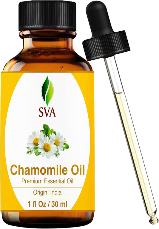 SVA Chamomile Essential Oil – 1 Fl Oz – 100% Natural Chamomile Oil - for Diffuser, Hair Care, Face, Skin Care, Aromatherapy, Scalp and Body Massage, Soap and Candle Making – with Dropper