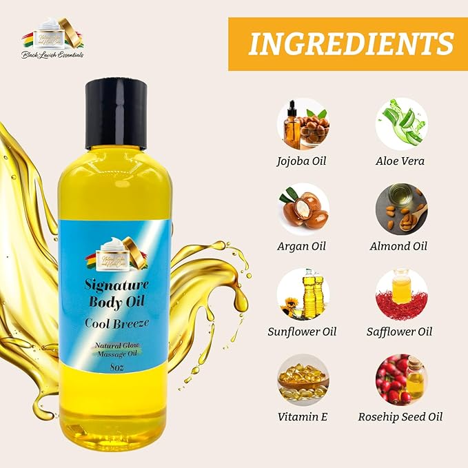 Signature Body Oil, Natural Glow Massage Oil for Soft Rejuvenated Skin, Vitamin E, Natural Oil for Dry Skin Moisturization (Men's Cool Breeze, 8 oz)