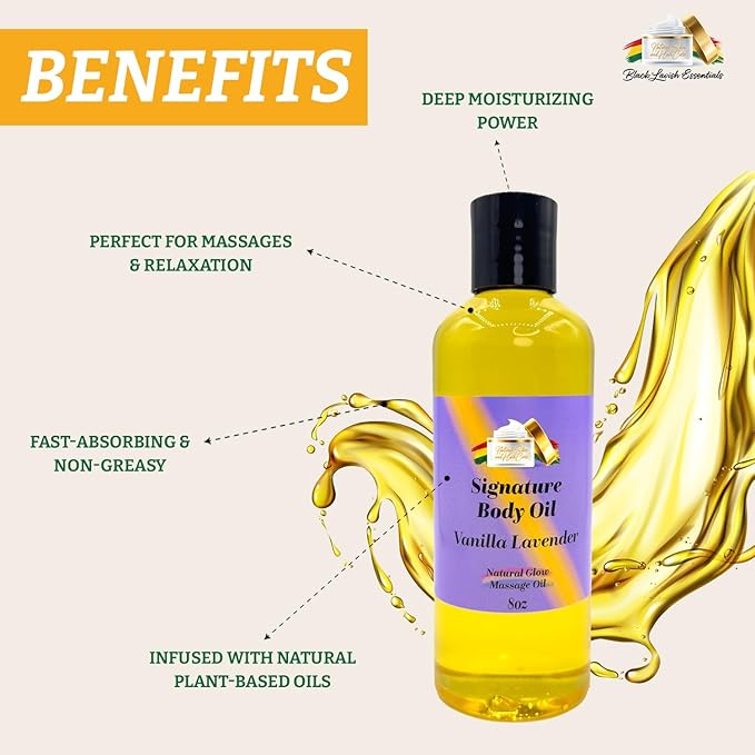 Vanilla Lavender Signature Body Oil, Natural Glow Massage Oil for Soft Rejuvenated Skin, Vitamin E, Natural Oil for Dry Skin Moisturization (Vanilla Lavender, 8oz)