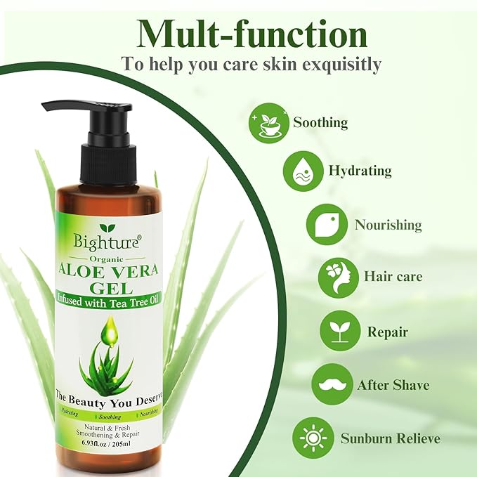 Aloe Vera Gel with Tea Tree Oil for Face & Body, Freshly-cut Aloe Vera Gel Ideal for Skin, Scalp, & Hair Hydration, Calming Moisturizer for Soothing After Sun Care Relief, 6.93 oz