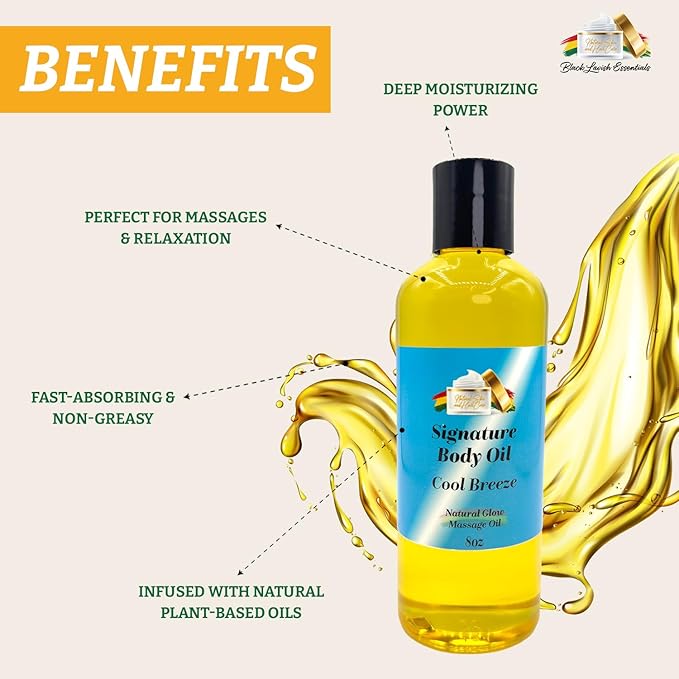 Signature Body Oil, Natural Glow Massage Oil for Soft Rejuvenated Skin, Vitamin E, Natural Oil for Dry Skin Moisturization (Men's Cool Breeze, 8 oz)