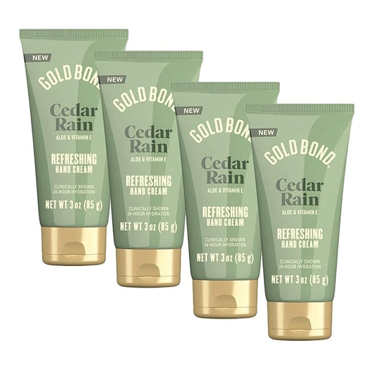 Gold Bond Cedar Rain Refreshing Hand Cream, Everyday Hand Cream with Aloe Vera to Refresh Skin and Vitamin E to Help Soothe the Skin, Comforting Cedar Rain Scent, 3 oz, 4 pk