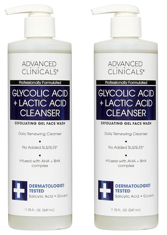 Advanced Clinicals Glycolic Acid Exfoliating Face Wash For Women & Men | Lactic Acid & Salicylic Acid Facial Cleanser | Glycerin Gel Gleanser Helps Gently Exfoliate & Cleanse Dirt & Oil, 2-Pack