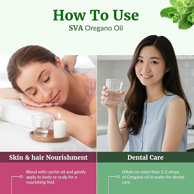 SVA Oregano Essential Oil – 1 Fl Oz – 100% Natural Oregano Oil - for Diffuser, Hair Care, Face, Skin Care, Aromatherapy, Scalp and Body Massage, Soap and Candle Making – with Dropper