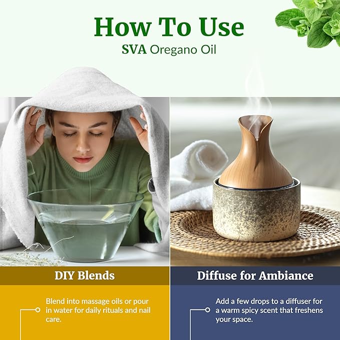 SVA Oregano Essential Oil – 1 Fl Oz – 100% Natural Oregano Oil - for Diffuser, Hair Care, Face, Skin Care, Aromatherapy, Scalp and Body Massage, Soap and Candle Making – with Dropper
