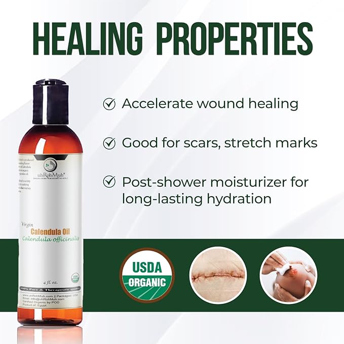 uh*Roh*Muh USDA Certified Organic Calendula Oil for Skin - 100% Pure Natural Calendula Essential Oil for Face - Organic Oils for Hair Health, Body Lotions, Soaps & Moisturizer - 4 Fl Oz