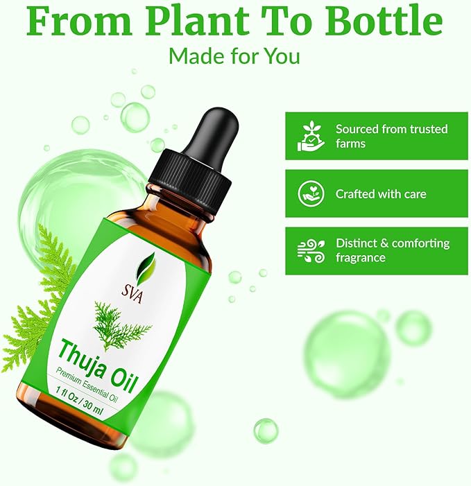 SVA Thuja Essential Oil – 1 Fl Oz – 100% Natural Thuja Oil - for Diffuser, Hair Care, Face, Skin Care, Aromatherapy, Scalp and Body Massage, Soap and Candle Making - with Dropper