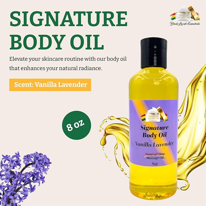 Vanilla Lavender Signature Body Oil, Natural Glow Massage Oil for Soft Rejuvenated Skin, Vitamin E, Natural Oil for Dry Skin Moisturization (Vanilla Lavender, 8oz)