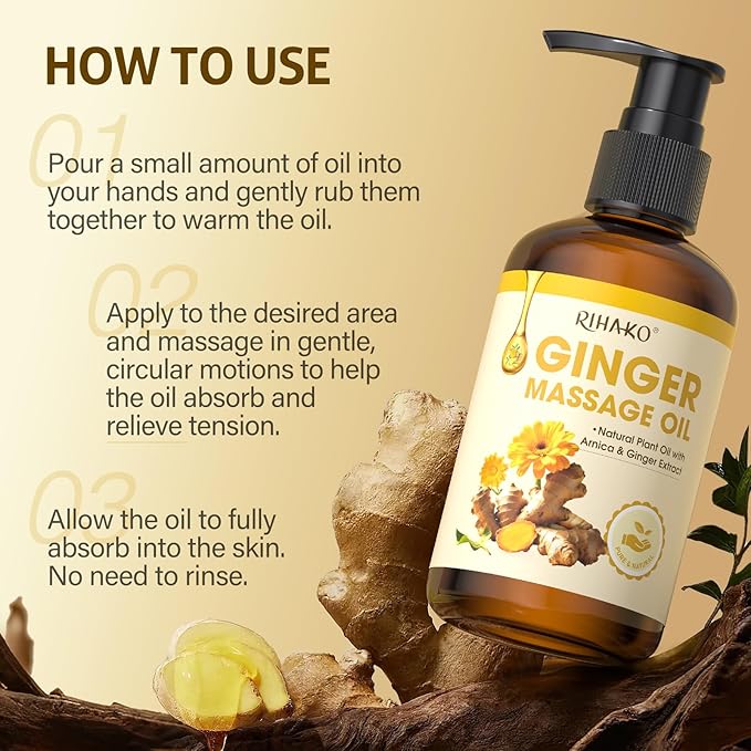 Ginger Oil,Ginger Massage Oil with Arnica for Lymphatic Drainage, Belly Drainage & Sore Muscle Relief,Natural Body Oil for Skin, Warming Spa Massage & Relaxation Therapy