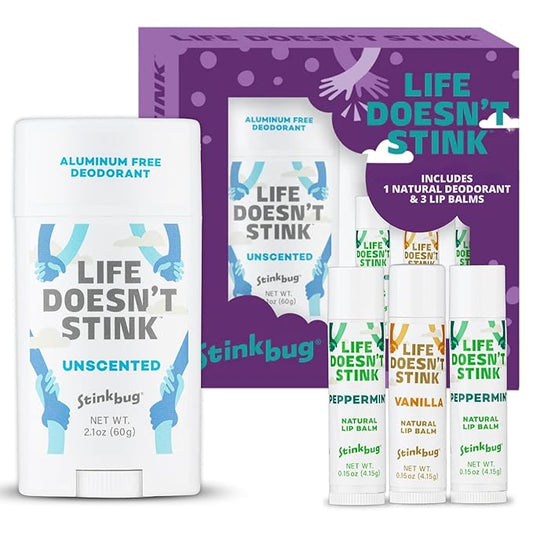 Stinkbug Naturals Organic Aluminum Free Deodorant Stick with Lip Balm, Jojoba Oil, Coconut Oil and Cocoa Butter (Includes 1 Natural Unscented Deodorant 2.1oz & 3 Lip balms 0.15oz)