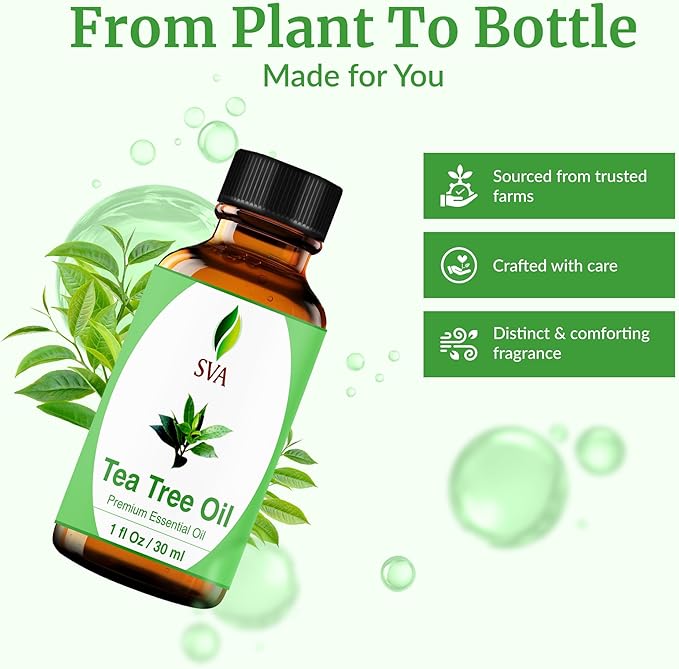 SVA Tea Tree Essential Oil – 1 Fl Oz – 100% Natural Tea Tree Oil - for Diffuser, Hair Care, Face, Skin Care, Aromatherapy, Scalp and Body Massage, Soap and Candle Making – with Dropper