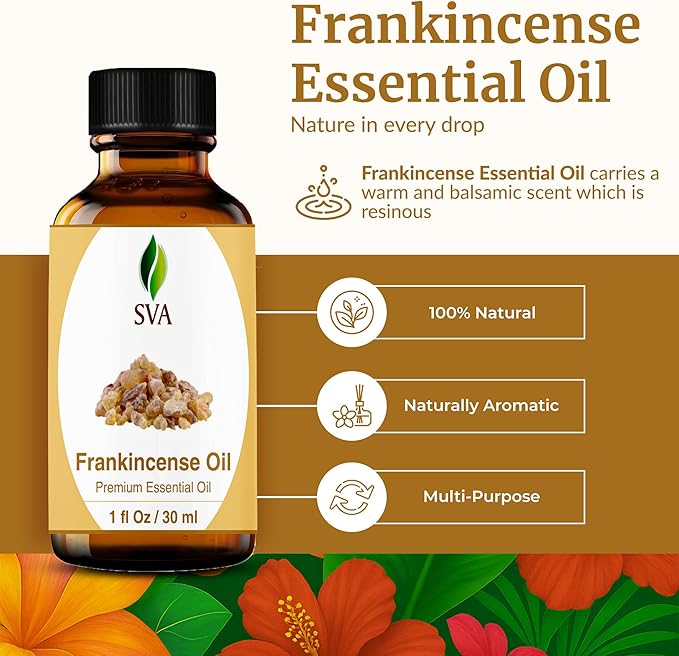 SVA Frankincense Essential Oil – 1 Fl Oz – 100% Natural Boswellia Carterii Oil - for Diffuser, Hair Care, Face, Skin Care, Aromatherapy, Scalp and Body Massage, Soap and Candle Making – with Dropper