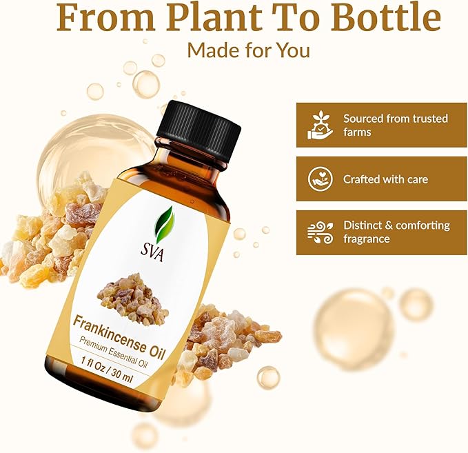 SVA Frankincense Essential Oil – 1 Fl Oz – 100% Natural Boswellia Carterii Oil - for Diffuser, Hair Care, Face, Skin Care, Aromatherapy, Scalp and Body Massage, Soap and Candle Making – with Dropper