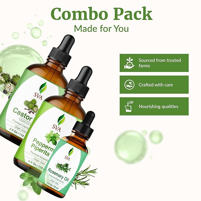 SVA Castor Oil 4oz, Peppermint Essential Oil 4oz and Rosemary Essential Oil 1oz Bundle Super Saver Combo – Premium Grade Value Set for Scalp Massage, Hair Care, Skin Care, Body Massage & Aromatherapy