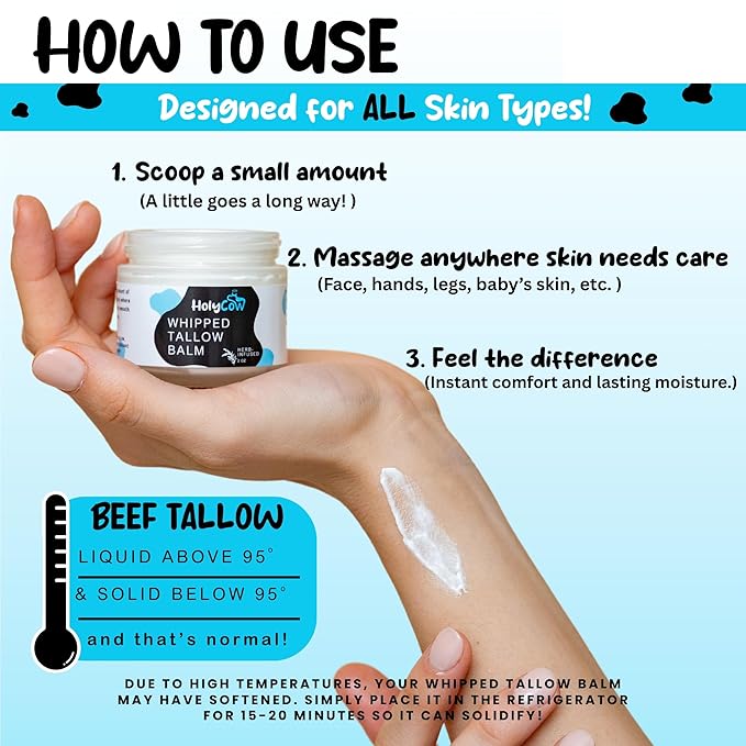 HolyCow Beef Tallow For Skin - Whipped Tallow Balm with Organic Jojoba Oil (Unscented/Herb-Infused), Grass Fed Beef Tallow Face Moisturizer for Eczema, Baby, Lip Balm - Lotion For Extremely Dry Skin