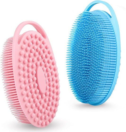 Soft Silicone Body Scrubber Loofah - 2 Pack Rubber Loofah 2 in 1 Bath and Shampoo Brush, Silicone Body Shower Brush Scrubber Cleaning Exfoliating Use for Sensitive Skin, Lather Well, Pink and Blue