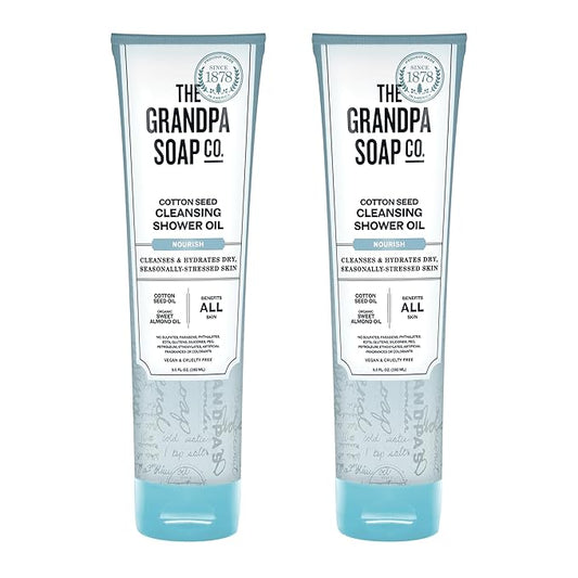 The Grandpa Soap Company Cotton Seed Cleansing Shower Oil - Hydrates Dry Seasonally-Stressed Skin, Nourishing and Moisturizing, With Cotton Seed Oil and Sweet Almond Oil, 9.5 Fl Oz., 2 Pack