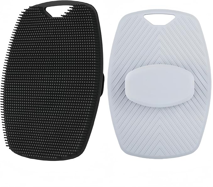 2 Pack Silicone Body Scrubber, Highly Elastic Bristles Handheld Brush for Shower, Lather Well and Gentle Exfoliating, Makes Skin Smooth, for Women and Men, Black and Gray