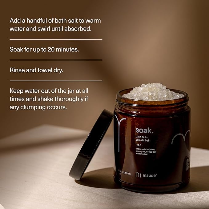 Maude Soak No. 1 - Nourishing Mineral Bath Salts - Hand-Harvested Dead Sea Salt with Magnesium & Potassium Chloride - Soften & Rejuvenate Skin - Notes of Amber, Cedar Leaf & Clove (8 oz)