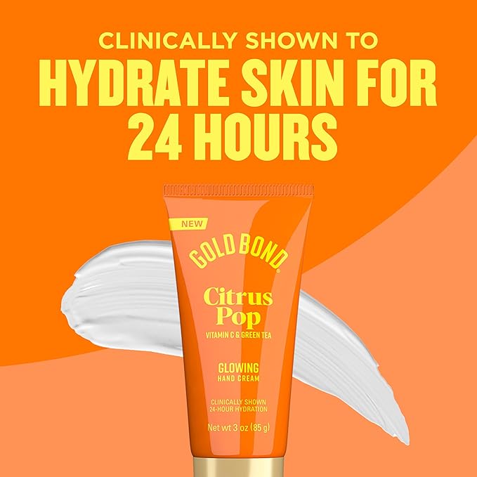Gold Bond Citrus Pop Glowing Hand Cream, Everyday Hand Cream with Vitamin C to Help Visibly Brighten & Green Tea to Help Protect Skin from Environmental Stressors, Vibrant Citrus Pop Scent, 3 oz, 4 pk