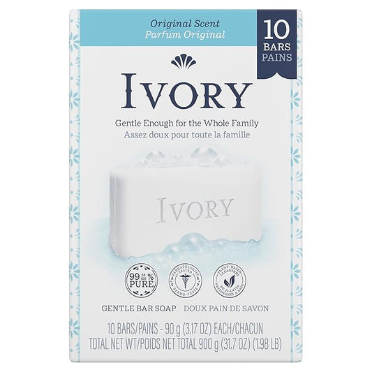 Ivory Gentle Bath Bar Soap, Family Pack, Designed for Whole Family, 99.44% Pure Formula, Plant-Based Cleansers, Made Without Heavy Perfumes, Parabens or Phthalates, Original Scent, 3.17 oz (10 Count)