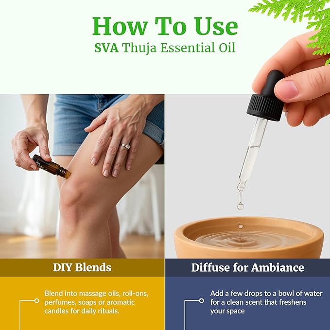 SVA Thuja Essential Oil – 1 Fl Oz – 100% Natural Thuja Oil - for Diffuser, Hair Care, Face, Skin Care, Aromatherapy, Scalp and Body Massage, Soap and Candle Making - with Dropper