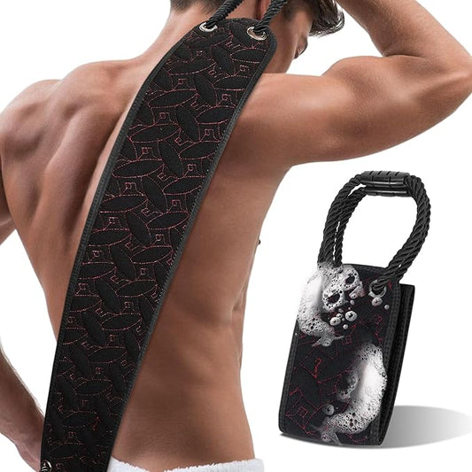 Exfoliating Back Scrubber for Use in Shower, 38.5 Inch Back Washer with Handles, Dual-Sided Body Exfoliator for Daily & Deep Skin Cleaning, Bath Back Scrub Washcloth for Men & Women (Black)