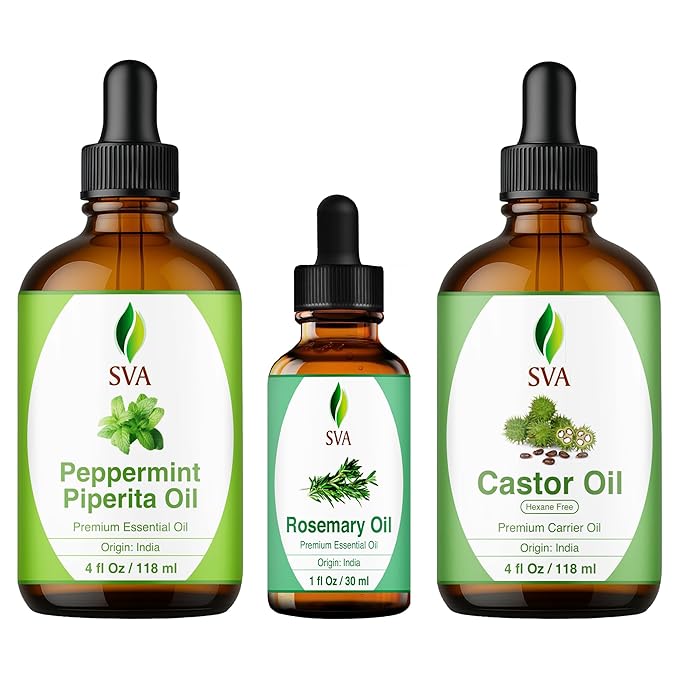 SVA Castor Oil 4oz, Peppermint Essential Oil 4oz and Rosemary Essential Oil 1oz Bundle Super Saver Combo – Premium Grade Value Set for Scalp Massage, Hair Care, Skin Care, Body Massage & Aromatherapy