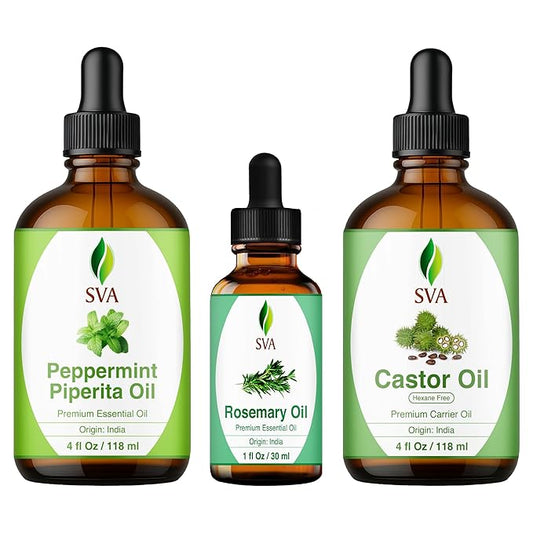 SVA Castor Oil 4oz, Peppermint Essential Oil 4oz and Rosemary Essential Oil 1oz Bundle Super Saver Combo – Premium Grade Value Set for Scalp Massage, Hair Care, Skin Care, Body Massage & Aromatherapy