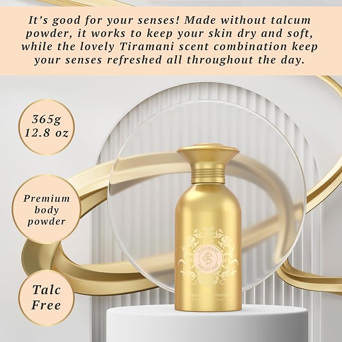 Talc-Free Body Powder for Women for Daily Use and After Bath with Fragrant Dusting Powder - Tiramani 365 g (Puff not Included)