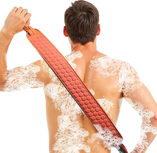 Back Scrubber for Shower with Handles, 40 Inch Extra Long Double-Sided Exfoliating Bath Strap, Textured Body Washer with Extended Reach for Deep Cleaning (Red)