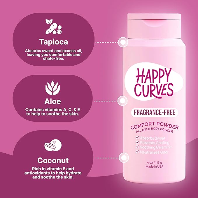 HAPPY CURVES Comfort Powder: Talc Free Anti Chafe Body & Foot Dusting Powder Deodorant to Control Inner Thigh Chafing, Private Areas, and All Over Body for Women (4 Ounce (Pack of 1), Fragrance-Free)