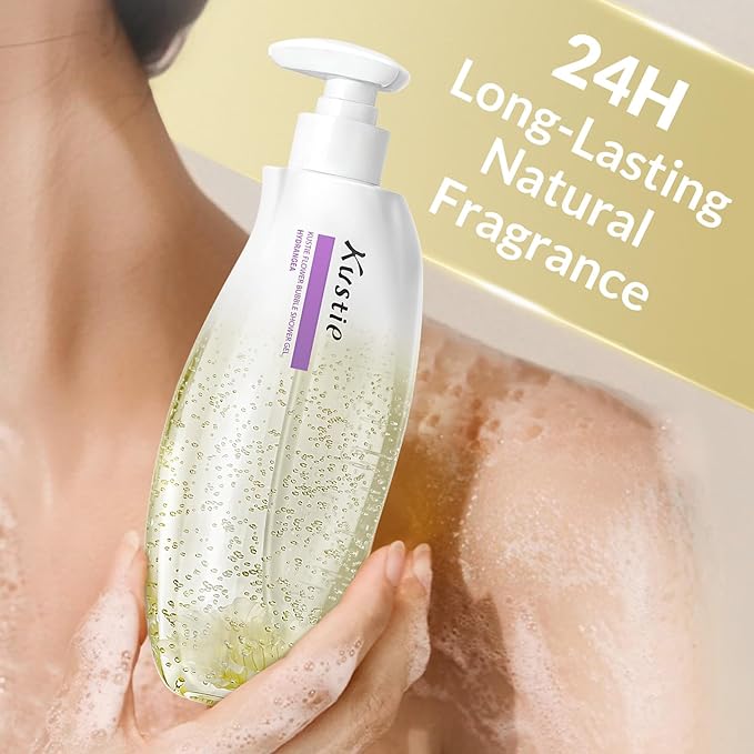 Kustie Floral Bubble Body Wash with Real Hydrangea – Perfumed Shower Gel with 8 Flower Extracts, Panthenol & VivaScentz – Hydrating, Gentle for Sensitive Skin, 16.9 Fl Oz