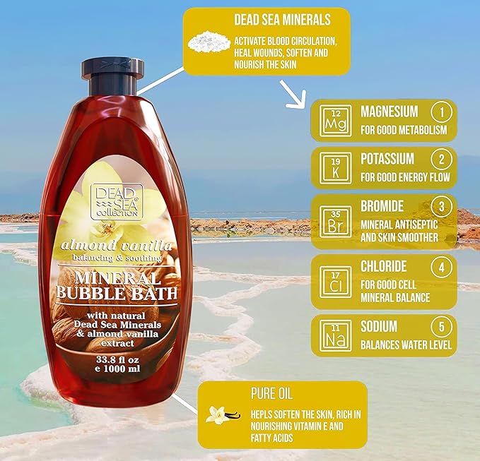 Dead Sea Collection Bubble Bath for Women and Men - with Almond Vanilla and Pure Minerals - Nourishing and Moisturizing Skin - 33.8 Fl. Oz