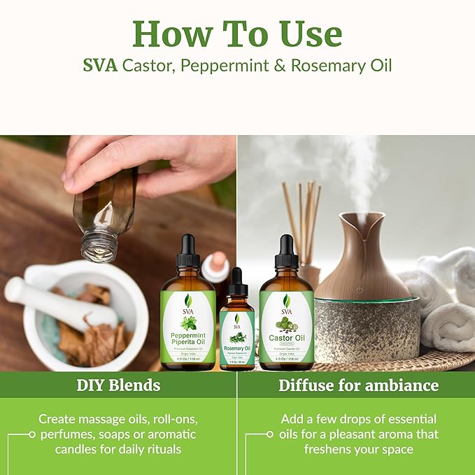 SVA Castor Oil 4oz, Peppermint Essential Oil 4oz and Rosemary Essential Oil 1oz Bundle Super Saver Combo – Premium Grade Value Set for Scalp Massage, Hair Care, Skin Care, Body Massage & Aromatherapy