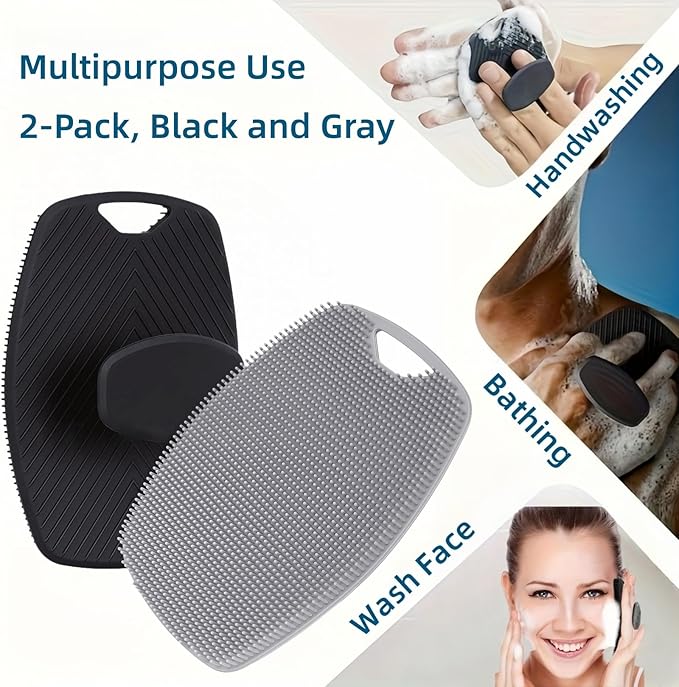 2 Pack Silicone Body Scrubber, Highly Elastic Bristles Handheld Brush for Shower, Lather Well and Gentle Exfoliating, Makes Skin Smooth, for Women and Men, Black and Gray