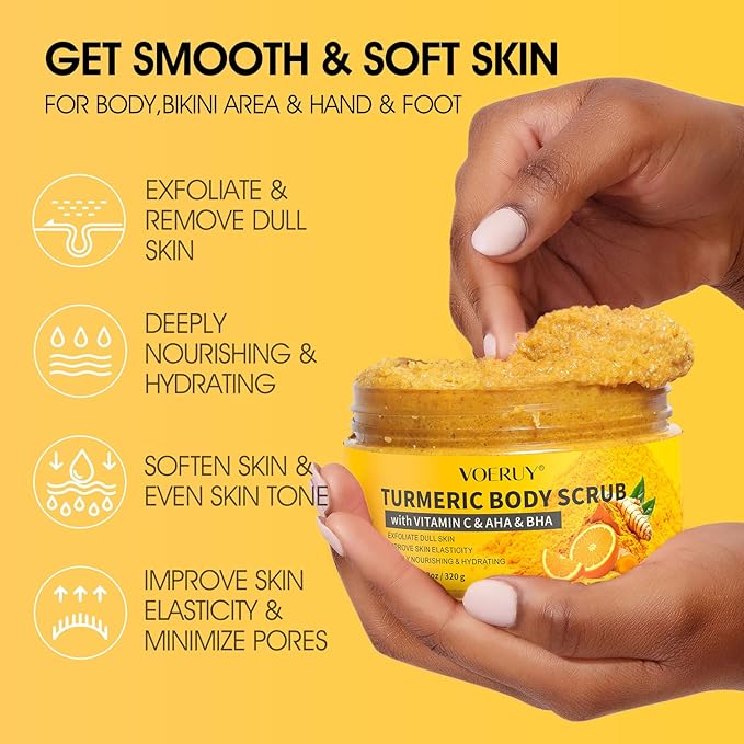 Turmeric Body Scrub, 10% AHA/BHA & Vitamin C Exfoliating Body Scrub, Body Exfoliator for Body Hand Foot Bikini Area, Smooth & Moisturized Skin for Women and Men - 11.3oz