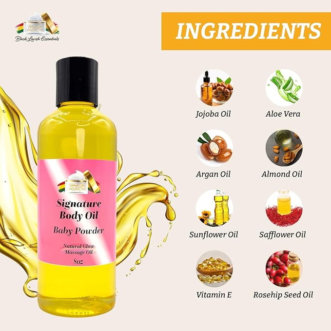 Baby Powder Signature Body Oil, Natural Glow Massage Oil for Soft Rejuvenated Skin, Vitamin E, Natural Oil for Dry Skin Moisturization (Baby Powder, 8 oz)