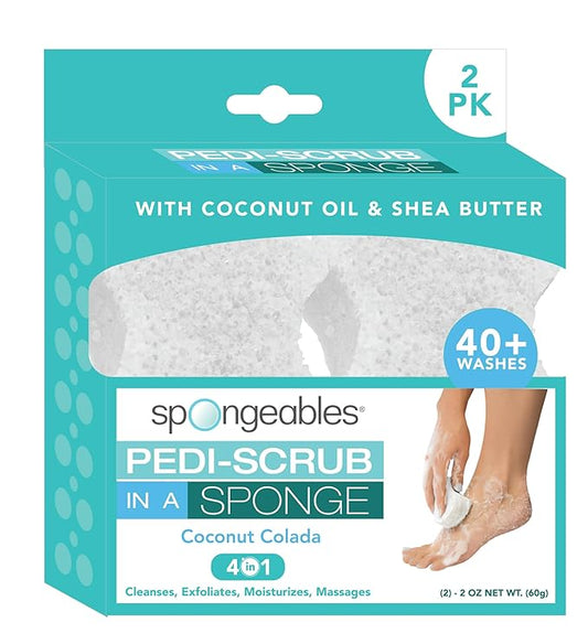 Spongables Pedi Scrub Foot Exfoliating 5+ Wash Travel Sponge, Coconut Colada, 2 Count