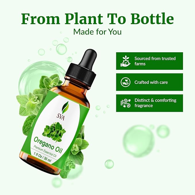 SVA Oregano Essential Oil – 1 Fl Oz – 100% Natural Oregano Oil - for Diffuser, Hair Care, Face, Skin Care, Aromatherapy, Scalp and Body Massage, Soap and Candle Making – with Dropper