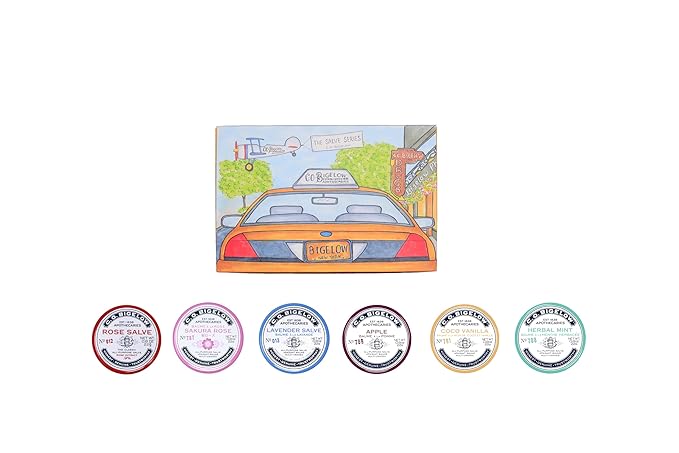 C.O. Bigelow Assorted Salve Tins, Pack of 6 Lip Balm Tins, Rose, Lavender, Sakura Rose, Coco Vanilla, Apple, Herbal Mint All Purpose Salve for Lips, Cuticles, Hands & Dry Skin, Lip Balm Set, 0.8 oz