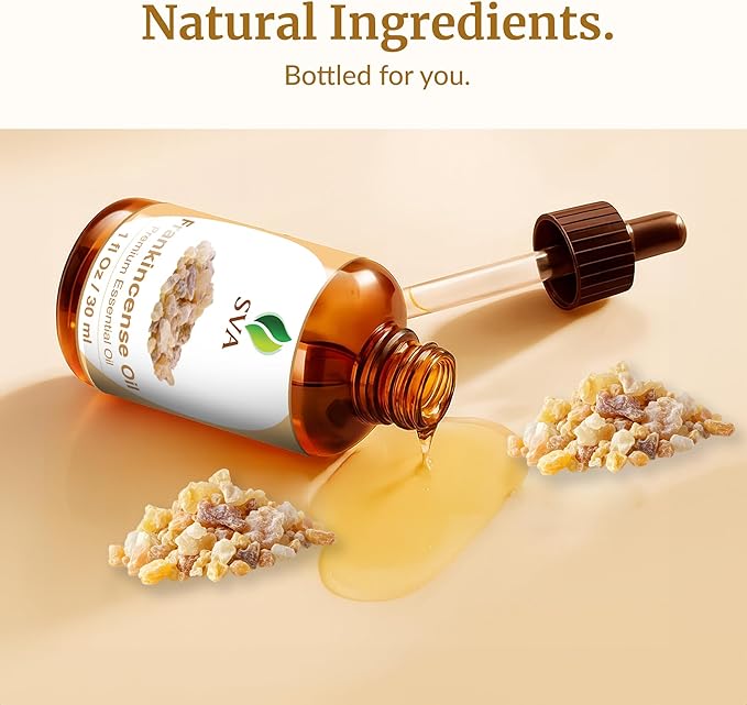 SVA Frankincense Essential Oil – 1 Fl Oz – 100% Natural Boswellia Carterii Oil - for Diffuser, Hair Care, Face, Skin Care, Aromatherapy, Scalp and Body Massage, Soap and Candle Making – with Dropper