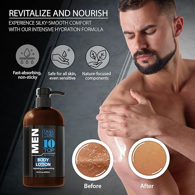 Dead Sea Collection Top 10 Men's Body Lotion – Sandalwood Oil and Dead Sea Minerals - Maximum Hydration Nourishing Moisturizing Lotion for Men - 16.9 Fl Oz Bottle