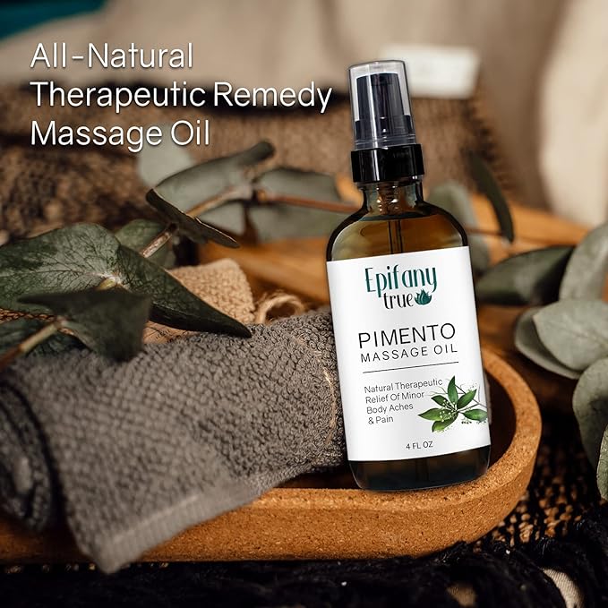 Pimento Massage Oil 4oz, Calendula Soothing Lip Balm, Rise Coconut Soy Candle with Essential Oils, Self-Care Gift 3-Piece Bundle