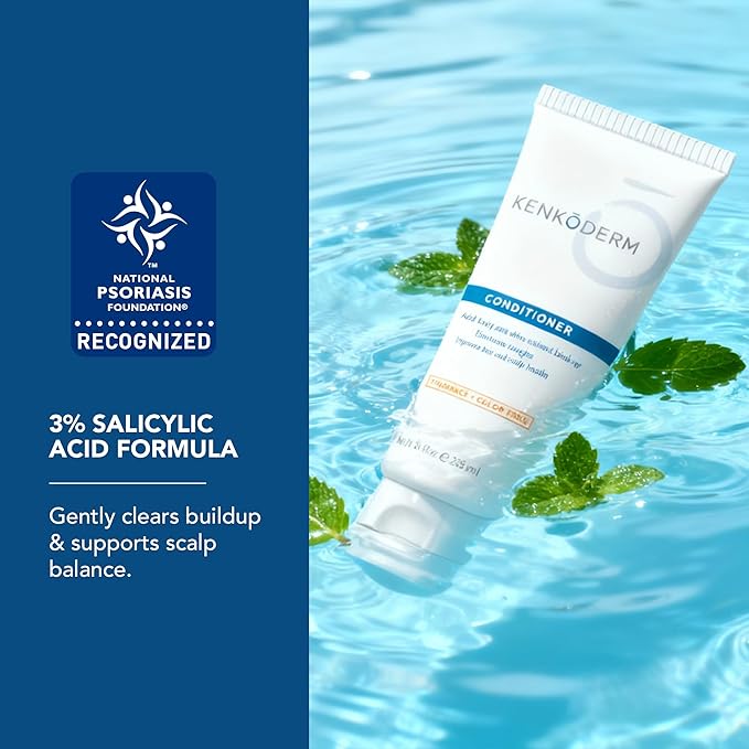 Kenkoderm Psoriasis Conditioner for Sensitive Hair & Skin with 3 Percent Salicylic Acid, Anti-Dandruff Deep Moisturizer for Itchy or Dry Scalp Relief, Color & Fragrance Free, 8-Ounce Tube