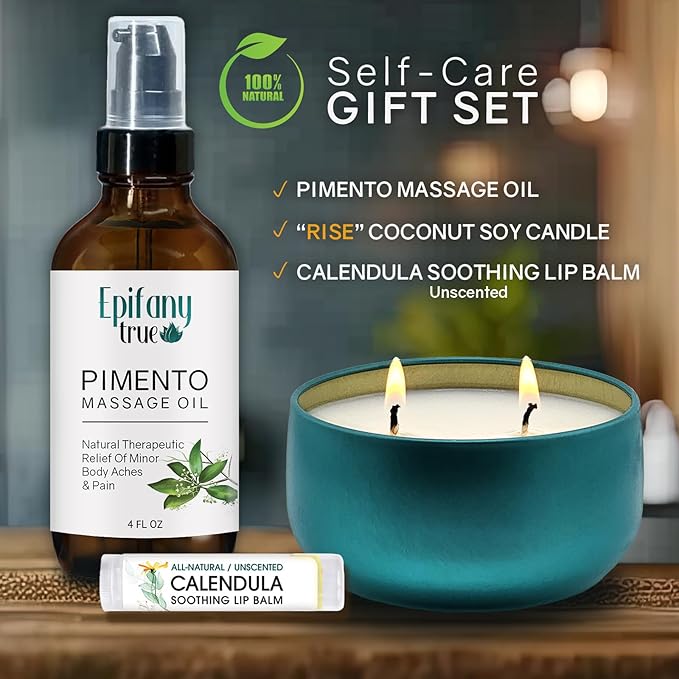 Pimento Massage Oil 4oz, Calendula Soothing Lip Balm, Rise Coconut Soy Candle with Essential Oils, Self-Care Gift 3-Piece Bundle