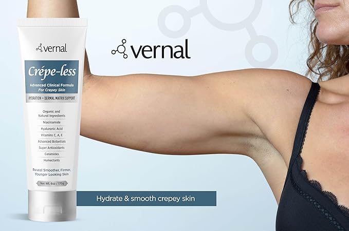 Vernal Crepe-less skin firming cream to reduce crepey arms, neck & hands. Organic tightening cream to reduce thin dry wrinkled skin. Best moisturizer to treat dry thin arms. Made in USA (6 Oz)