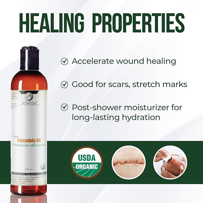 uh*Roh*Muh USDA Certified Organic Calendula Oil for Skin - 100% Pure Natural Calendula Essential Oil for Face - Organic Oils for Hair Health, Body Lotions, Soaps & Moisturizer - 8 Fl Oz