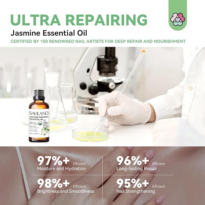 SAVILAND Jasmine Essential Oil for Cuticle Nails Hands: Ultra Repairing Cuticle Oil 100% Pure Plant-Based Nail Strengthener Hand Oils for Dry Hand Damaged Cuticle Weak Nail Care with Travel Bottle