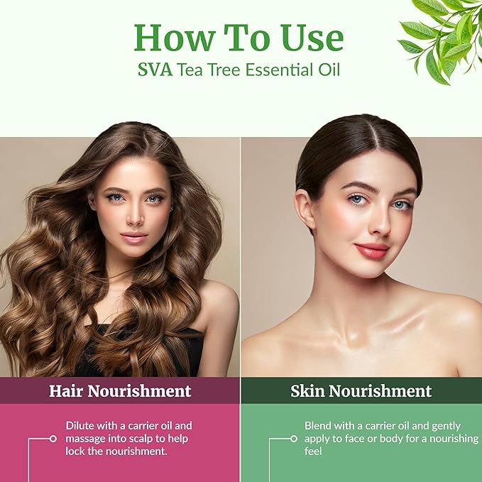 SVA Tea Tree Essential Oil – 1 Fl Oz – 100% Natural Tea Tree Oil - for Diffuser, Hair Care, Face, Skin Care, Aromatherapy, Scalp and Body Massage, Soap and Candle Making – with Dropper